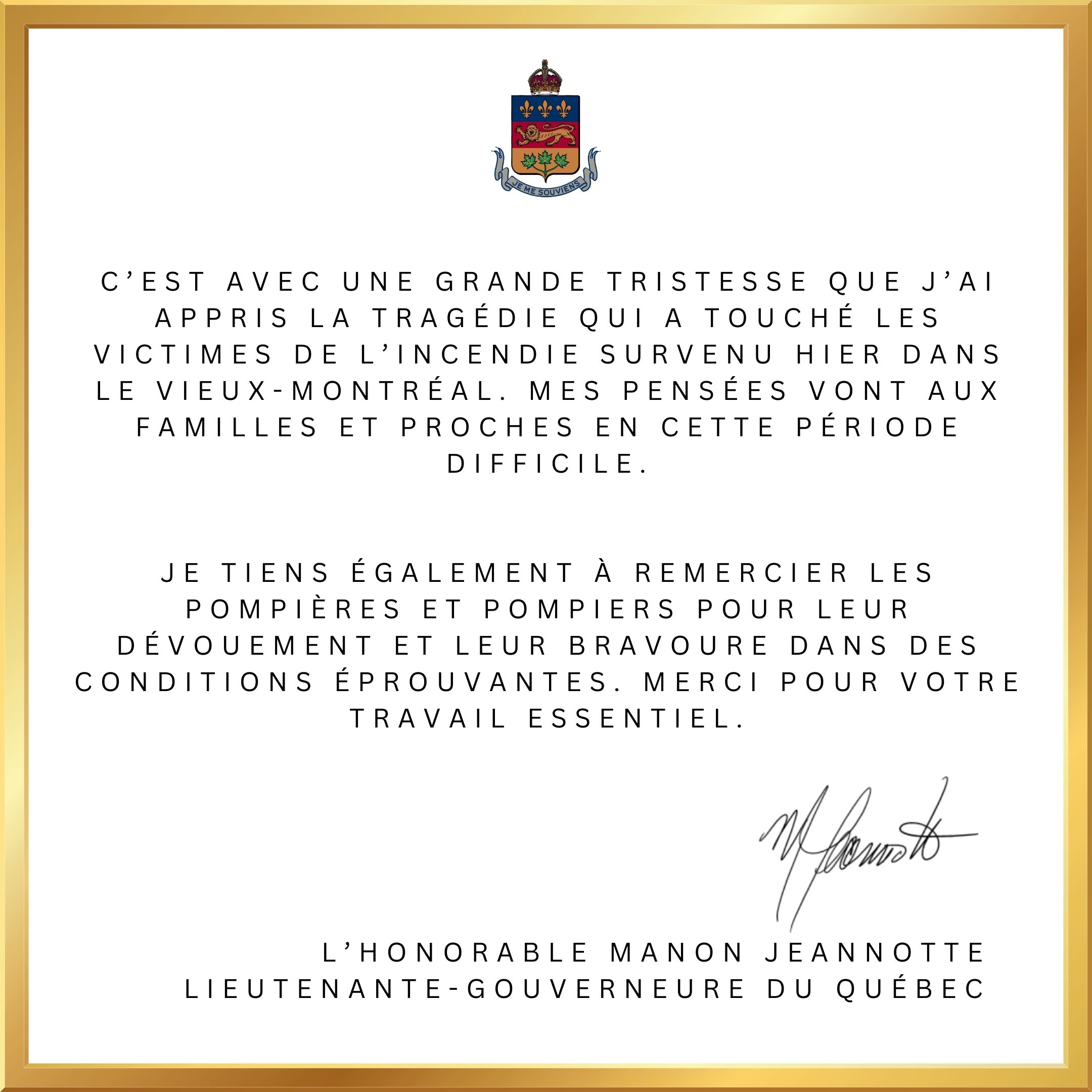 Message de la Lieutenante-gouverneure du Québec suite à l'incendie survenu dans le Vieux-Montréal