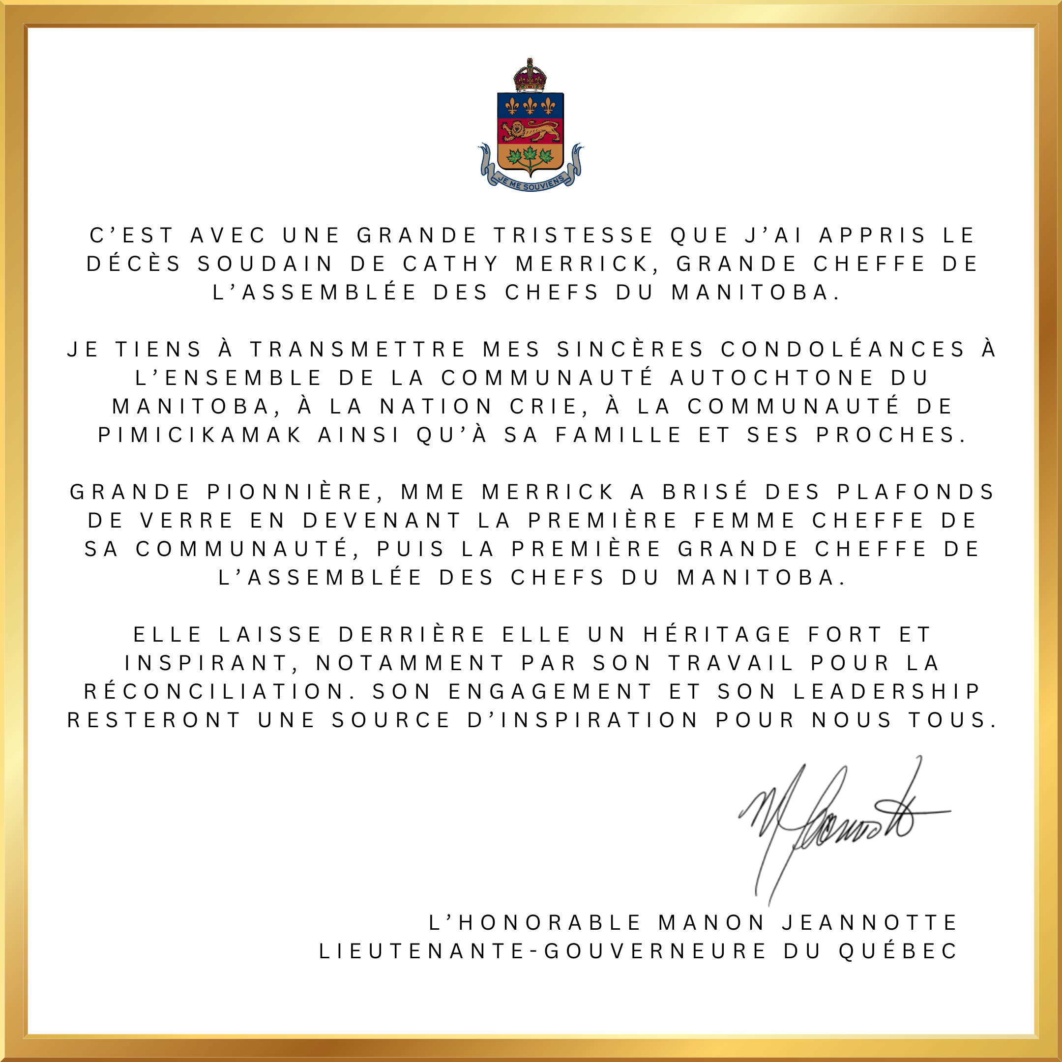 Honorer la mémoire de la&nbsp;Grande Cheffe de l’Assemblée des Chefs du Manitoba,&nbsp;Cathy Merrick