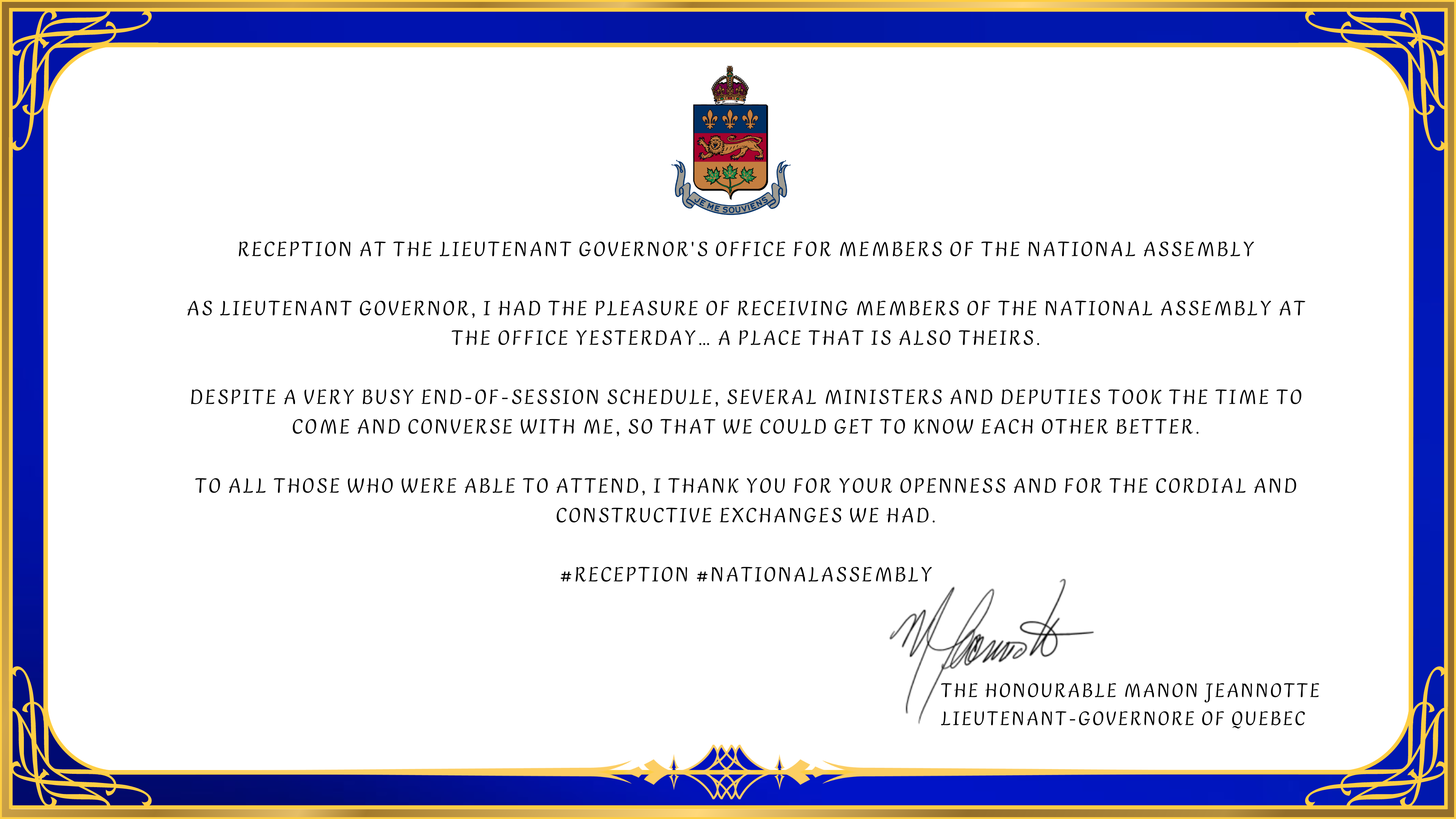 Reception at the Lieutenant Governor's Office for Members of the National Assembly