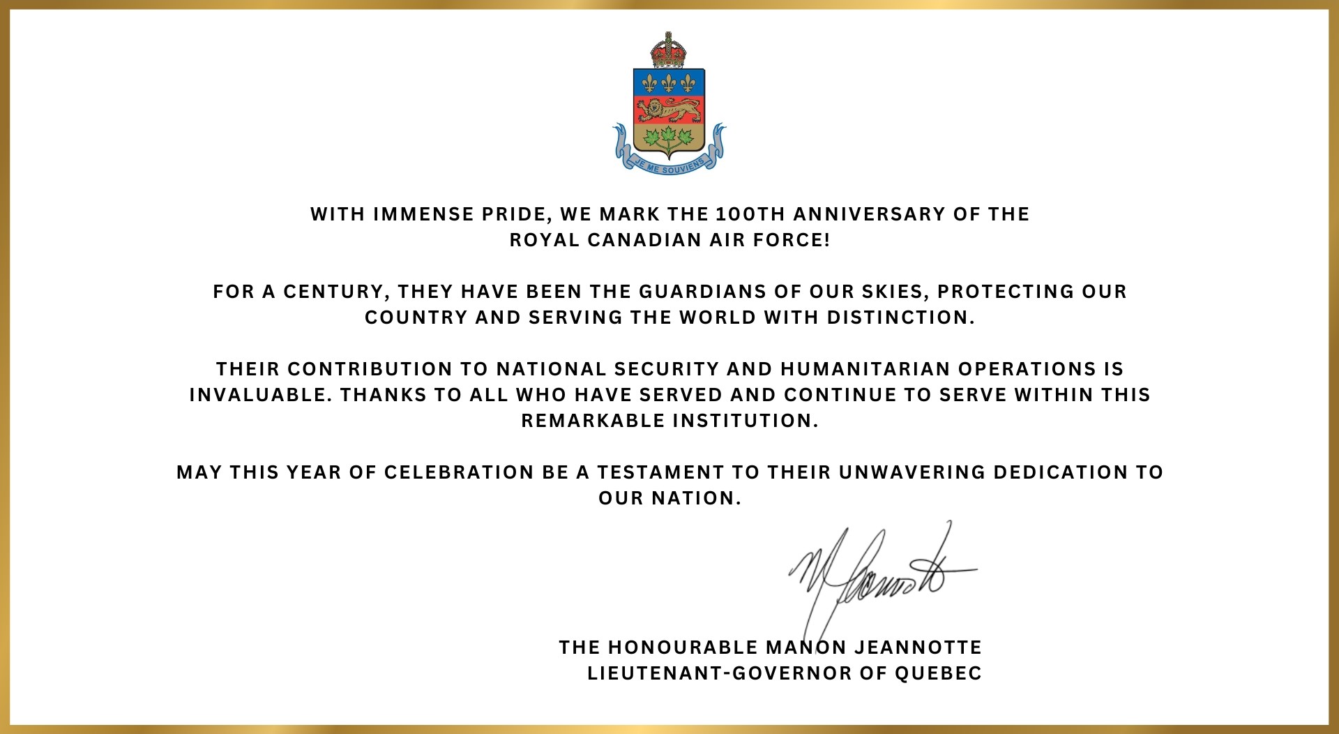 Message from the Lieutenant-Governor of Quebec to mark the 100th anniversary of the Royal Canadian Air Force

